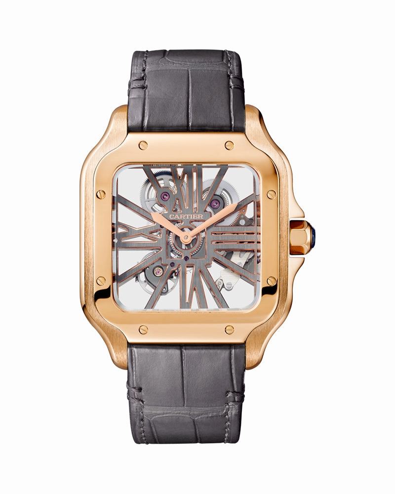 SANTOS DE CARTIER, SKELETON, LARGE, MANUAL, ROSE GOLD, INTERCHANGEABLE METAL AND LEATHER BRACELETS