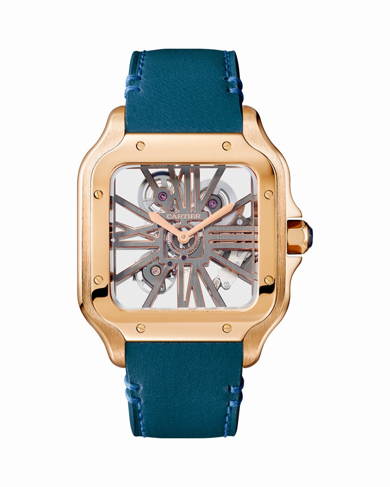 SANTOS DE CARTIER, SKELETON, LARGE, MANUAL, ROSE GOLD, INTERCHANGEABLE METAL AND LEATHER BRACELETS