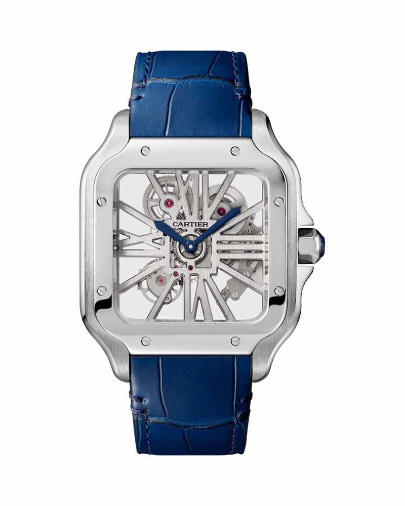SANTOS DE CARTIER, SKELETON, LARGE, MANUAL, STEEL, INTERCHANGEABLE STEEL AND LEATHER BRACELETS