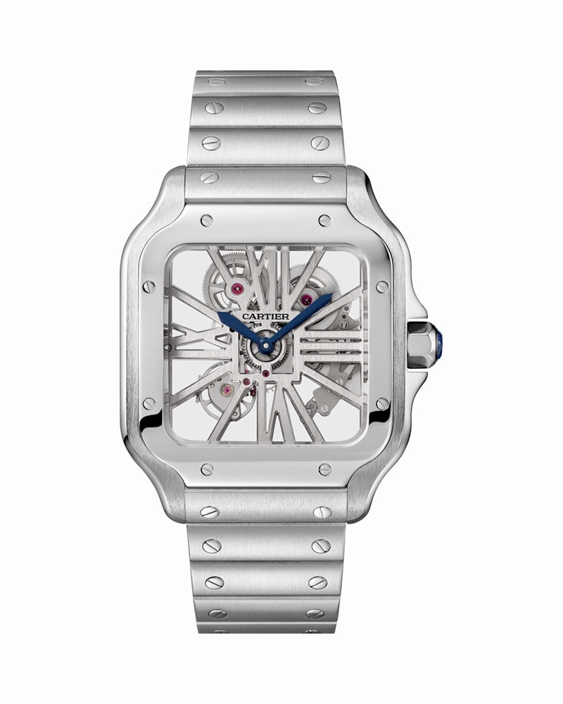 SANTOS DE CARTIER, SKELETON, LARGE, MANUAL, STEEL, INTERCHANGEABLE STEEL AND LEATHER BRACELETS