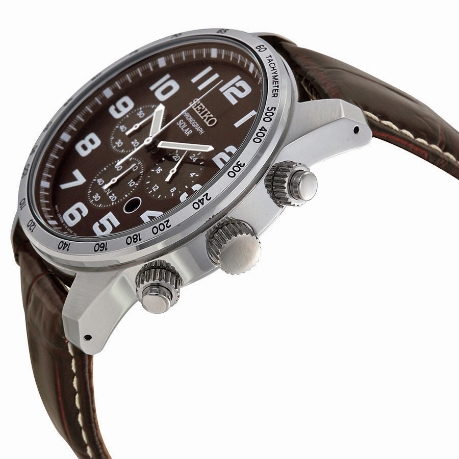 Seiko Brown Dial Solar Chronograph Brown Leather Mens Watch