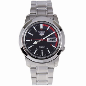 Seiko Men's Automatic Watch - 5 Sports Black and Red Silver Tone Bracelet | SNKK31K1