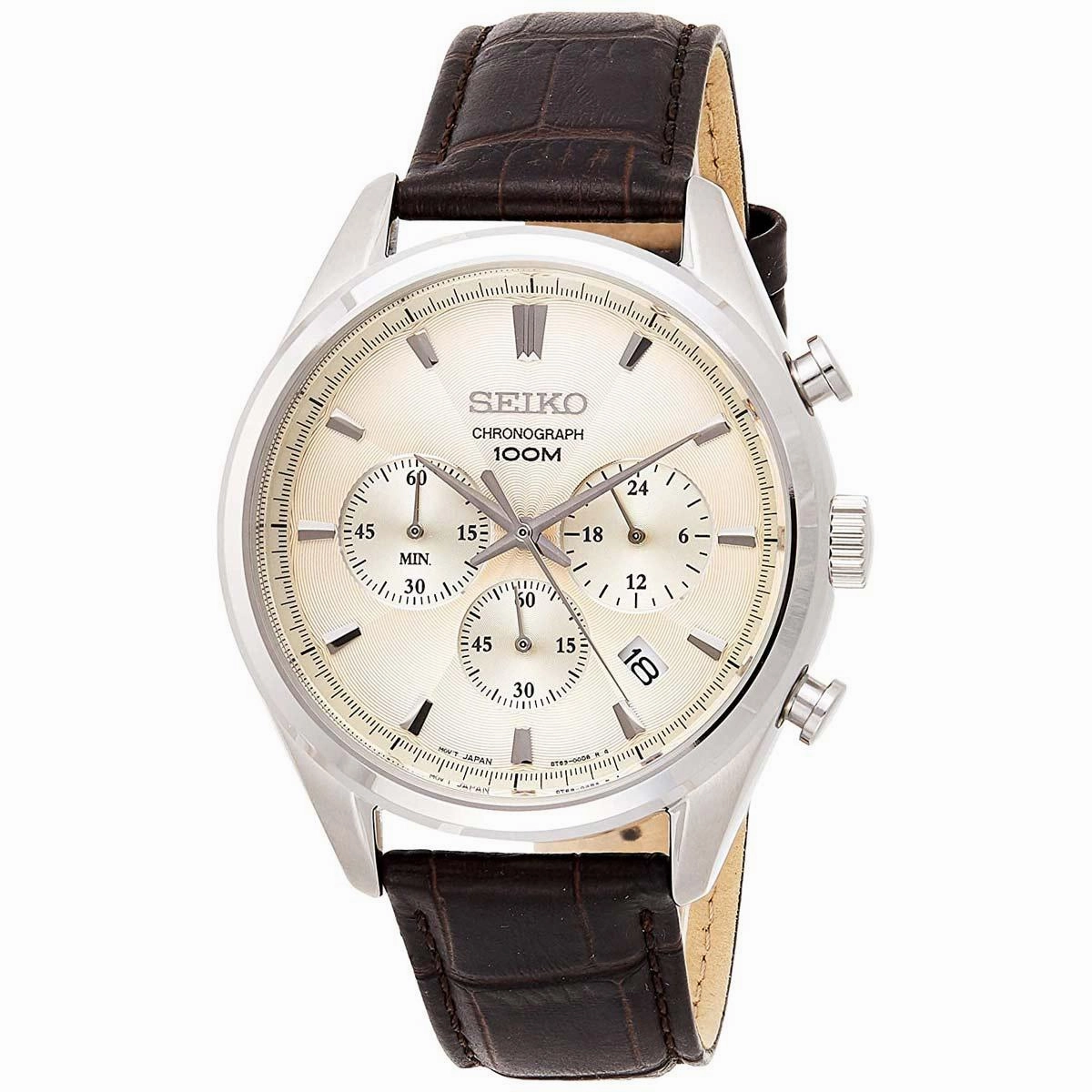 Seiko Men's Quartz Watch - Chronograph Champagne Dial Brown Leather Strap | SSB293P1