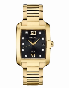 Seiko Mens Solar Diamond Watch - Gold-Tone - Bracelet - 34.5mm