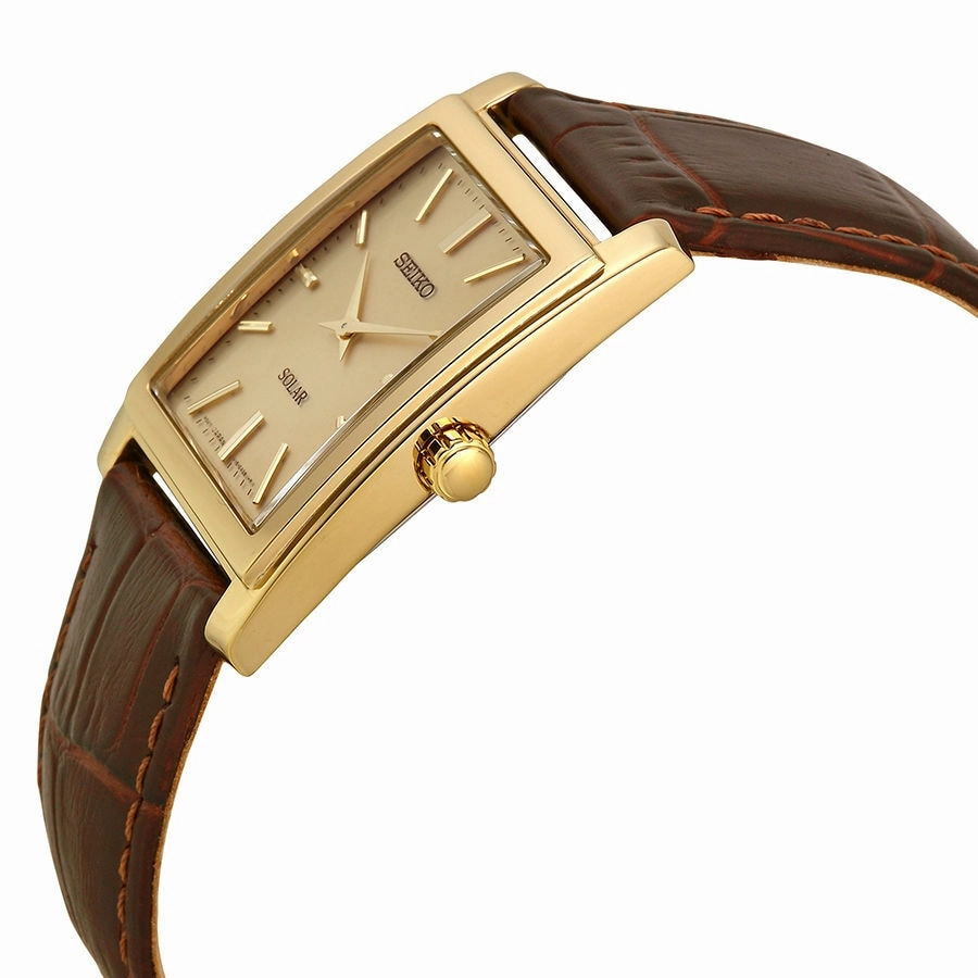 Seiko Solar Quartz Champagne Dial Brown Leather Mens Watch