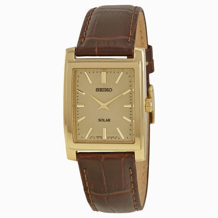 Seiko Solar Quartz Champagne Dial Brown Leather Mens Watch