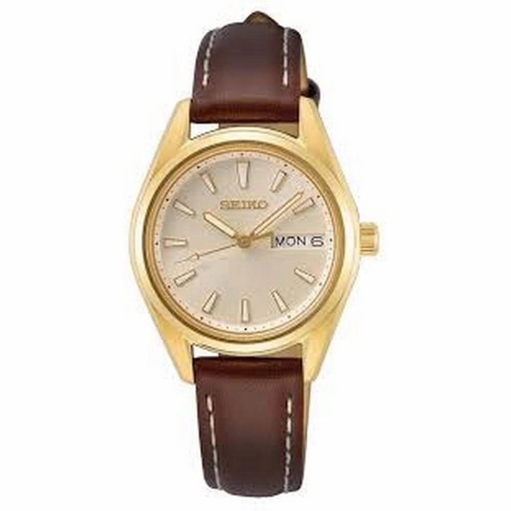 Seiko SUR456P1 gold-tone stainless steel case is 30 mm women's quartz watch