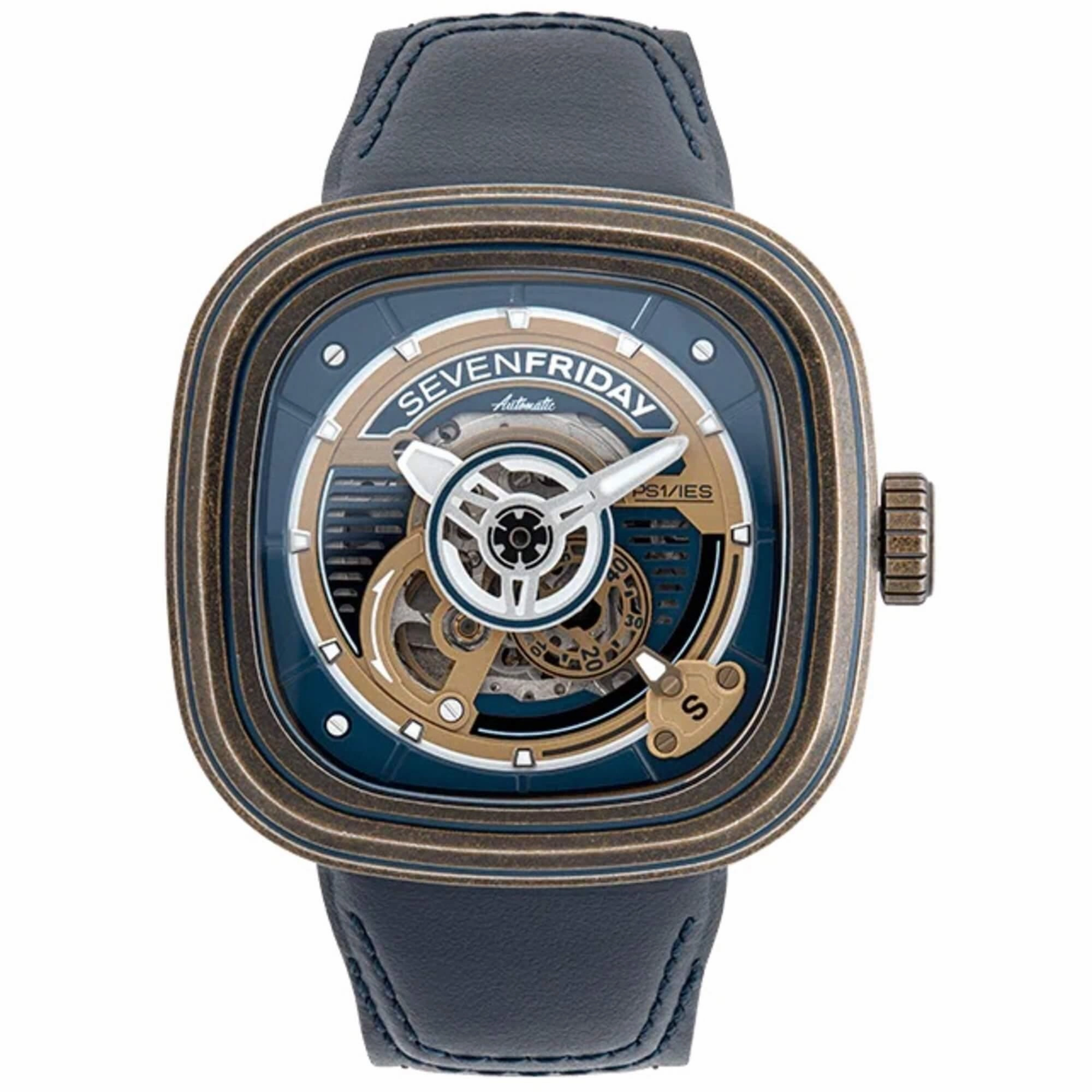 SevenFriday Men's Watch - P-Series Power Reserve Navy Blue Leather Strap | PS1-04