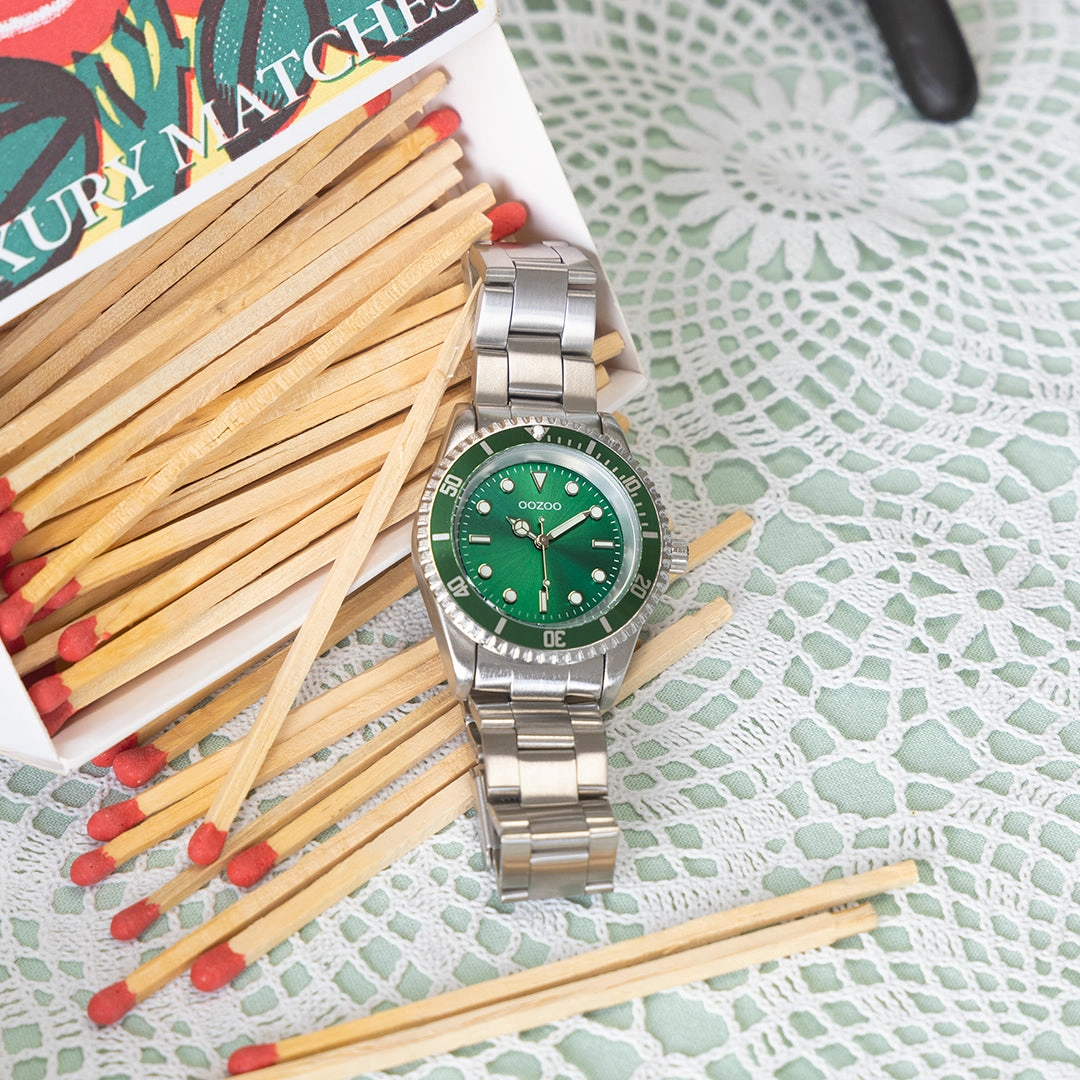 Silver coloured/green OOZOO watch with stainless steel bracelet - C11146
