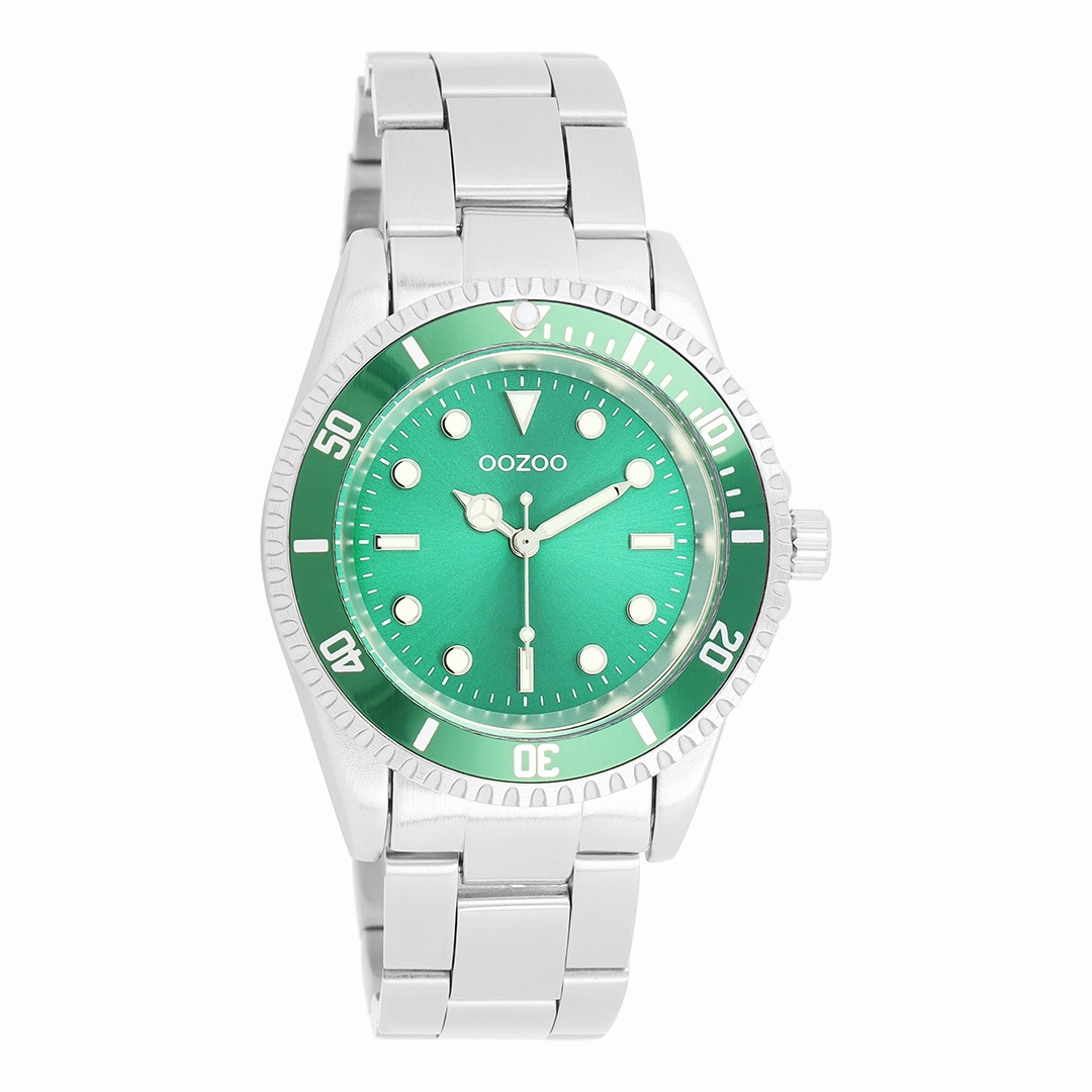 Silver coloured/green OOZOO watch with stainless steel bracelet - C11146