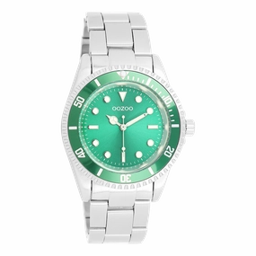 Silver coloured/green OOZOO watch with stainless steel bracelet - C11146
