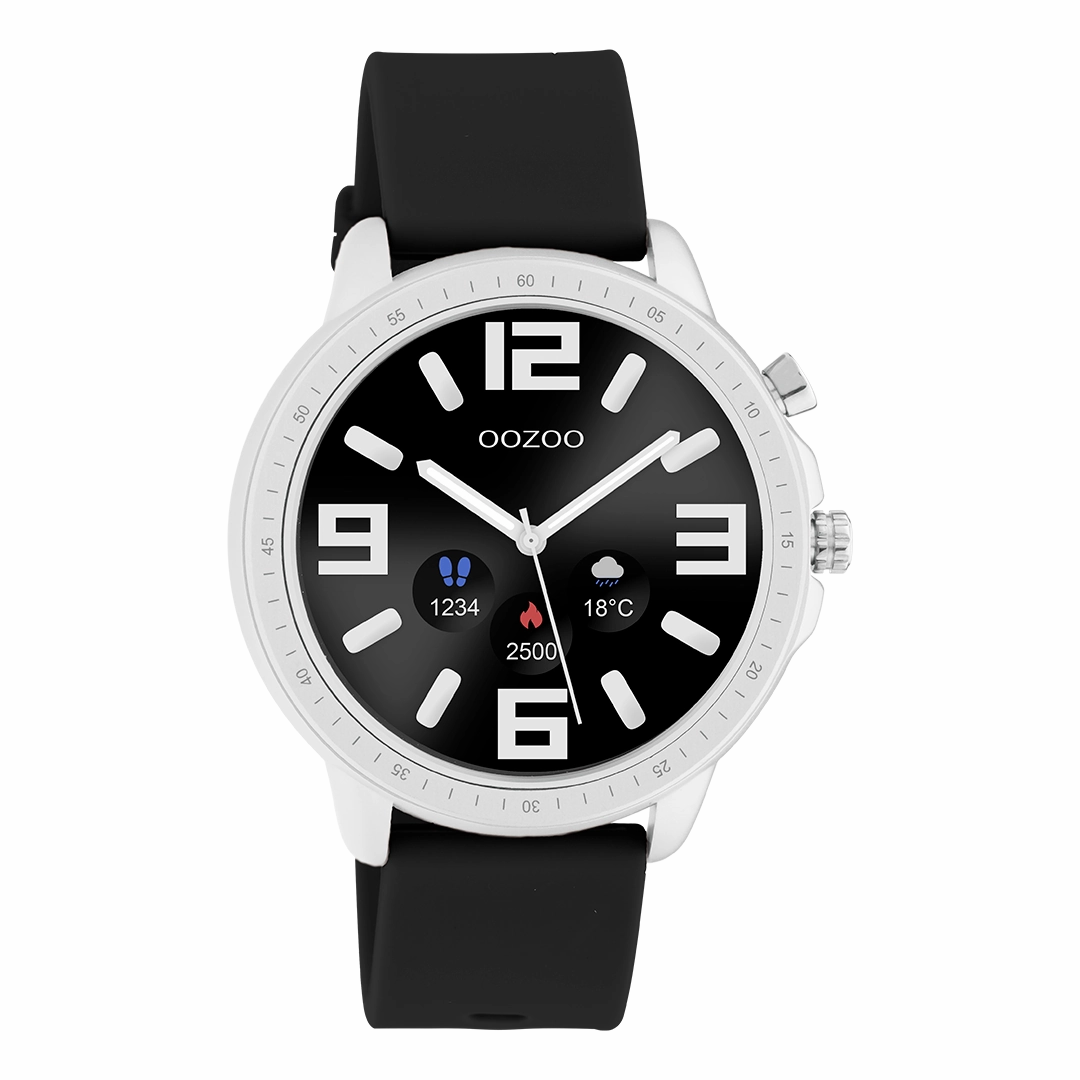 Silver coloured OOZOO smartwatch with black rubber strap - Q00300