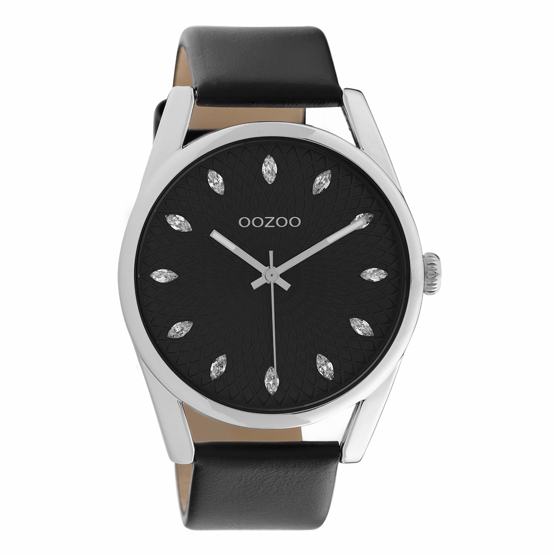 Silver coloured OOZOO watch with black leather strap - C10818