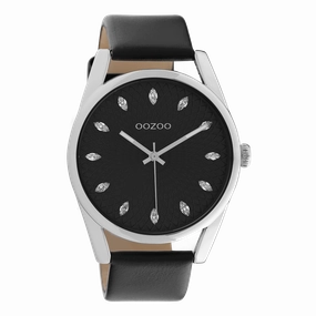 Silver coloured OOZOO watch with black leather strap - C10818