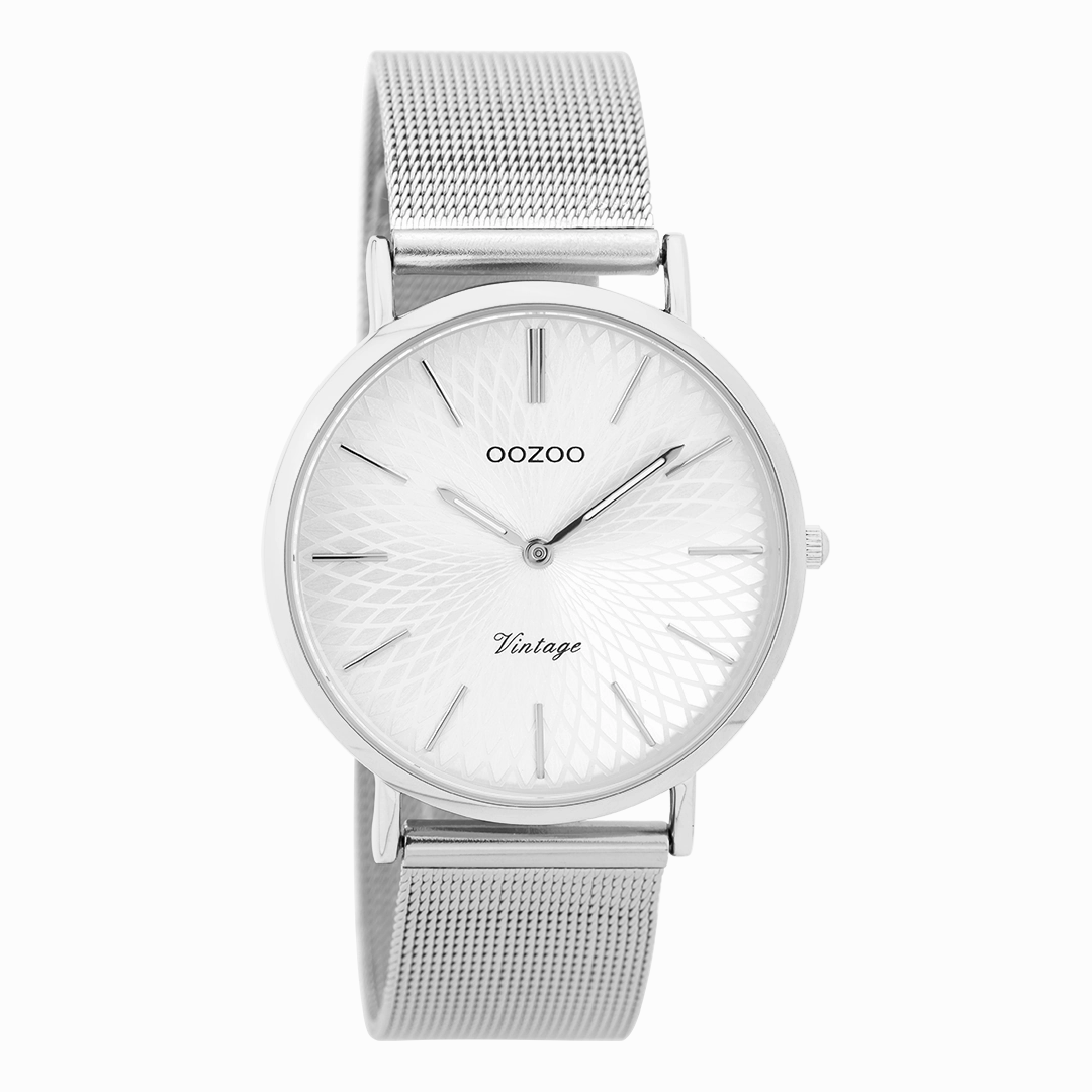 Silver coloured OOZOO watch with metal mesh bracelet - C9341