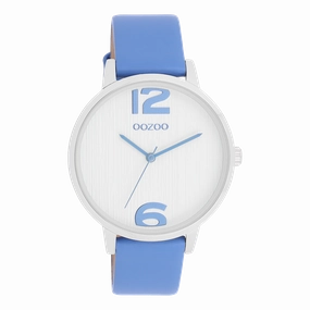 Silver coloured OOZOO watch with mineral blue leather strap - C11235