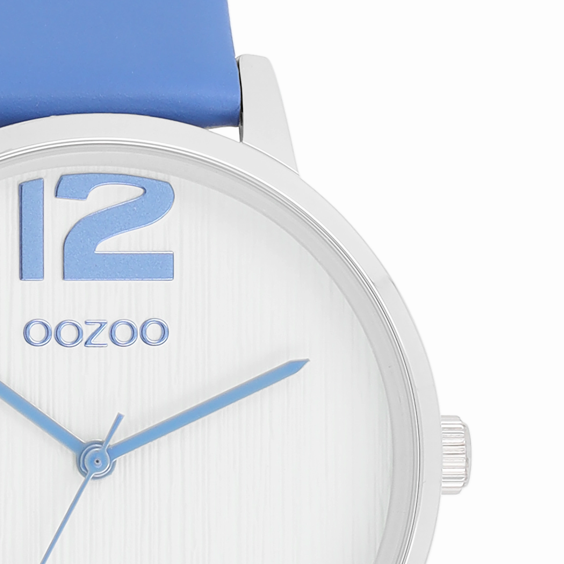 Silver coloured OOZOO watch with mineral blue leather strap - C11235