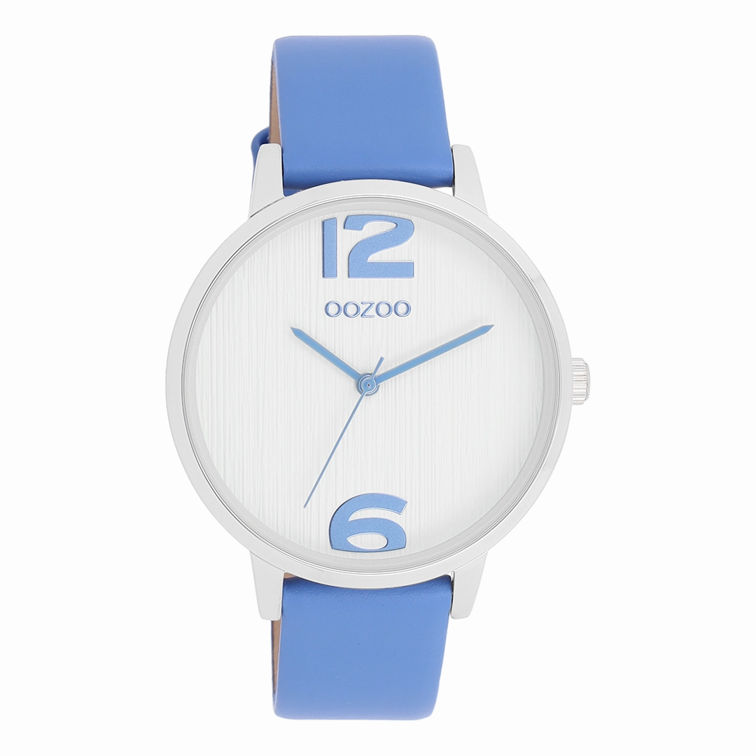 Silver coloured OOZOO watch with mineral blue leather strap - C11235