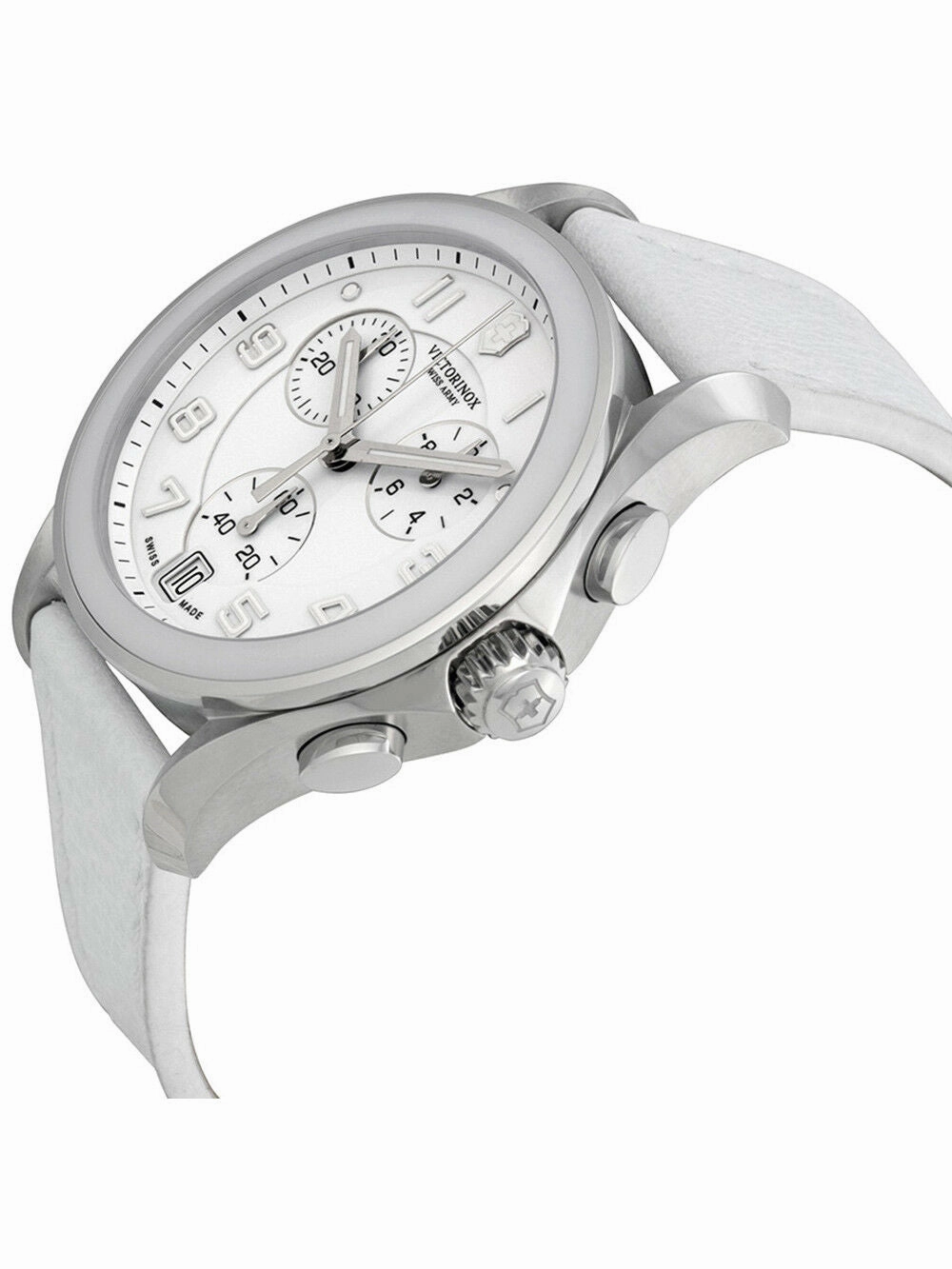 Swiss Army Chrono Classic Stainless Steel & Ceramic White Leather Strap Womens Watch White Dial Date 241500