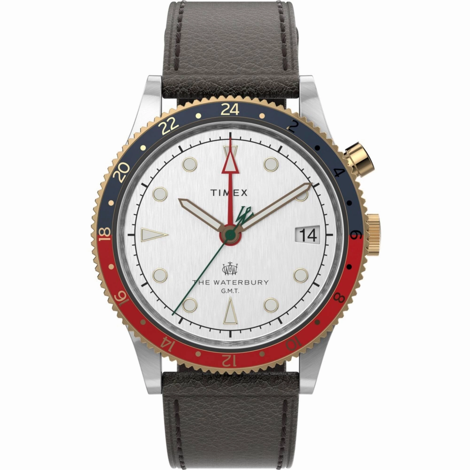 Timex Men's Watch - Waterbury Traditional GMT White Dial Leather Strap | TW2U99100