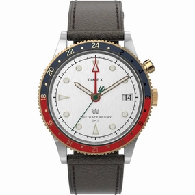 Timex Men's Watch - Waterbury Traditional GMT White Dial Leather Strap | TW2U99100
