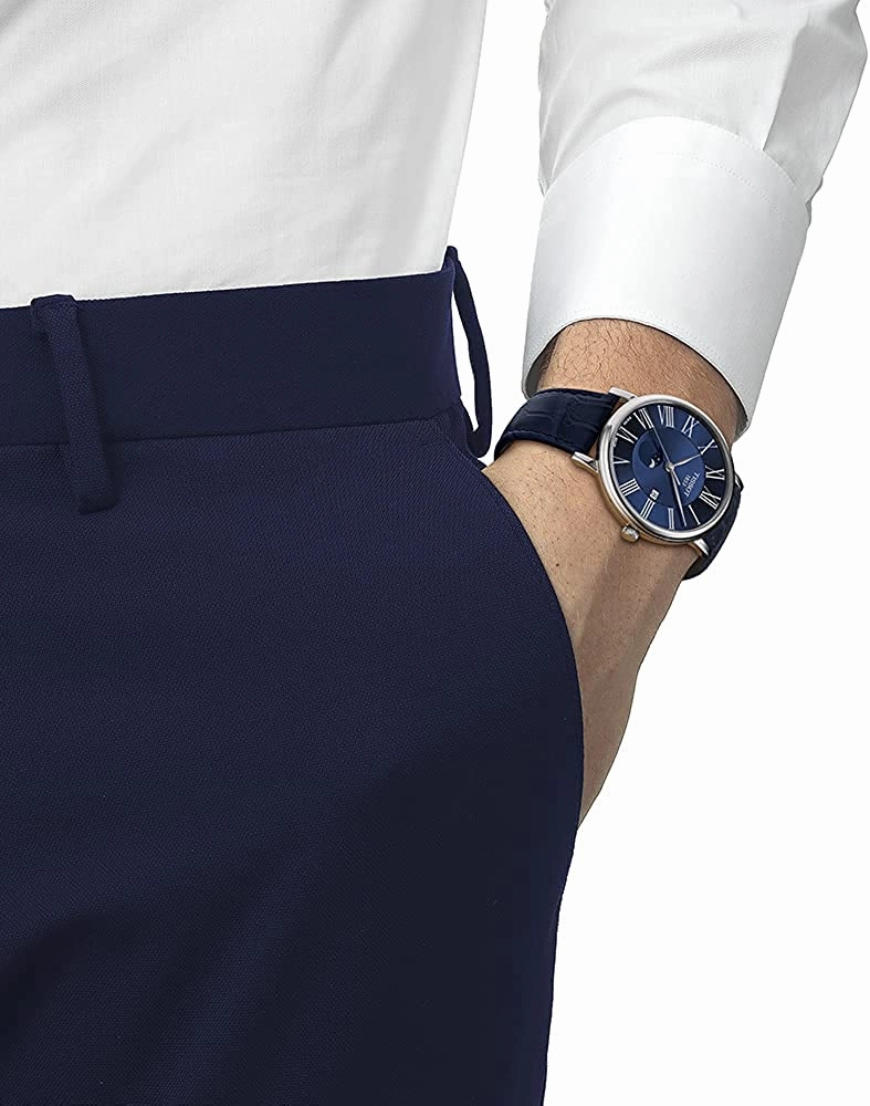 Tissot Men's Carson Moonphase 316L Stainless Steel case Swiss Quartz Watch with Leather Strap, Blue, 20 (Model: T1224231604300)