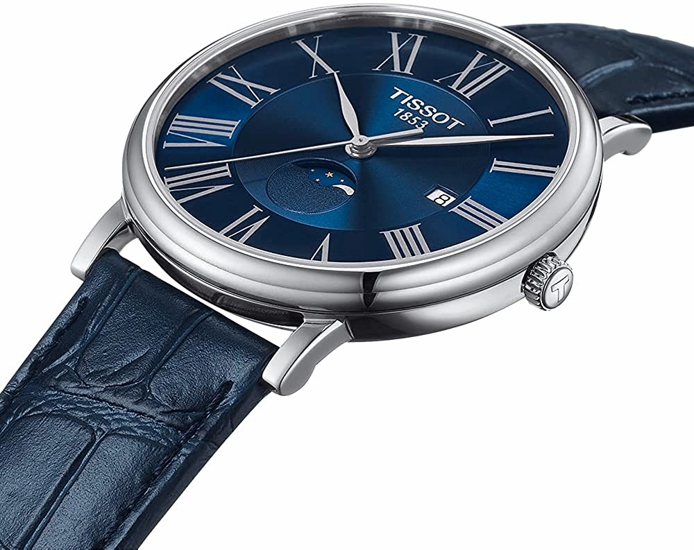 Tissot Men's Carson Moonphase 316L Stainless Steel case Swiss Quartz Watch with Leather Strap, Blue, 20 (Model: T1224231604300)