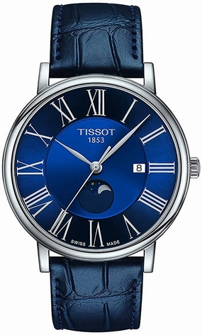 Tissot Men's Carson Moonphase 316L Stainless Steel case Swiss Quartz Watch with Leather Strap, Blue, 20 (Model: T1224231604300)