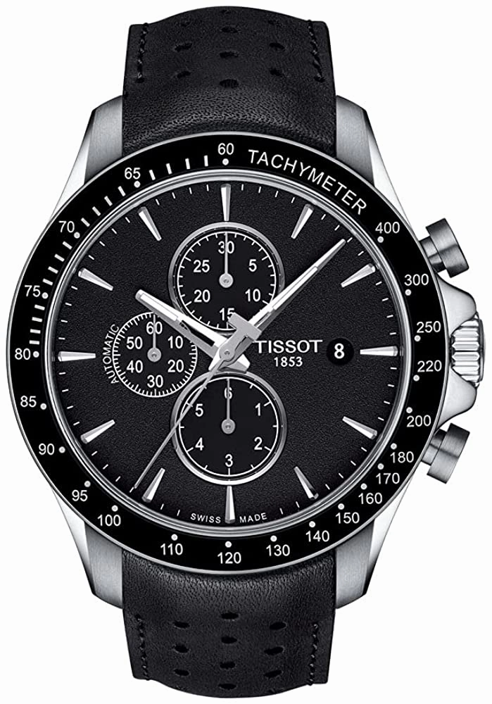 Tissot Men's V8 316L Stainless Steel case Swiss Automatic Chronograph Watch with Leather Strap, Black, 22 (Model: T1064271605100)