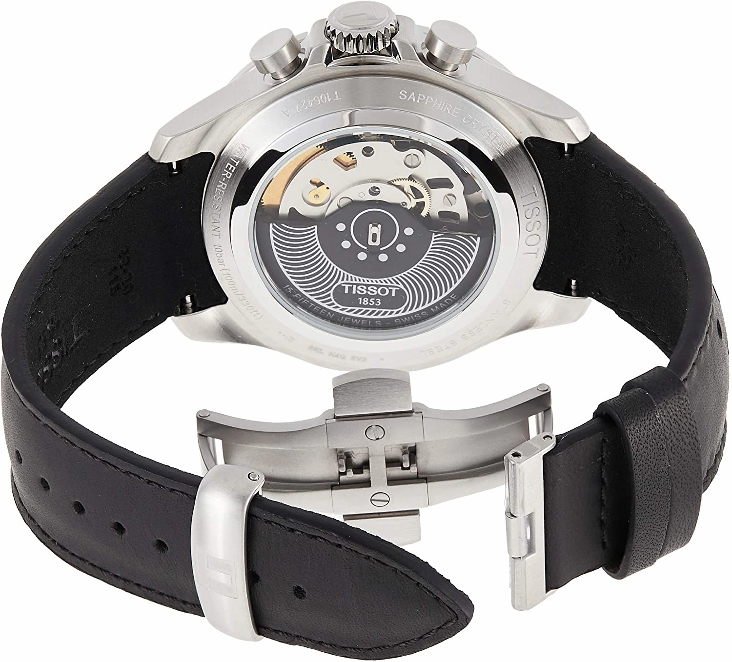 Tissot Men's V8 316L Stainless Steel case Swiss Automatic Chronograph Watch with Leather Strap, Black, 22 (Model: T1064271605100)