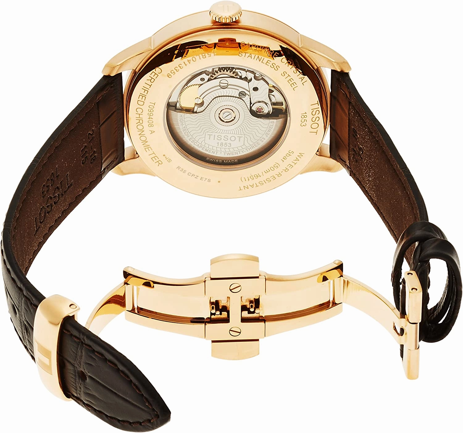 Tissot Mens Chemin des Tourelles Powermatic 80 COSC 316L Stainless Steel case with Rose Gold PVD Coating Swiss Automatic Watch, Brown, Leather, 21 (T0994083603800)
