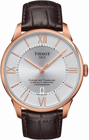 Tissot Mens Chemin des Tourelles Powermatic 80 COSC 316L Stainless Steel case with Rose Gold PVD Coating Swiss Automatic Watch, Brown, Leather, 21 (T0994083603800)