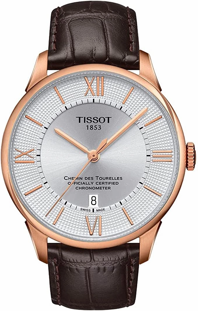 Tissot Mens Chemin des Tourelles Powermatic 80 COSC 316L Stainless Steel case with Rose Gold PVD Coating Swiss Automatic Watch, Brown, Leather, 21 (T0994083603800)