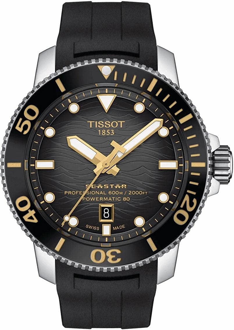Tissot Mens Tissot Seastar 2000 Professional Powermatic 80 316L Stainless Steel case Automatic Watch, Black, Rubber, 22 (T1206071744101)