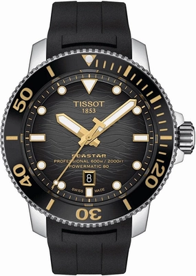 Tissot Mens Tissot Seastar 2000 Professional Powermatic 80 316L Stainless Steel case Automatic Watch, Black, Rubber, 22 (T1206071744101)