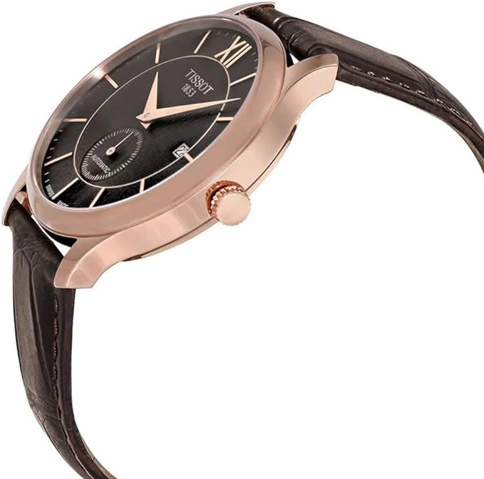 Tissot Mens Tradition Automatic Small Second 316L Stainless Steel case with Rose Gold PVD Coating Automatic Watch, Brown, Leather