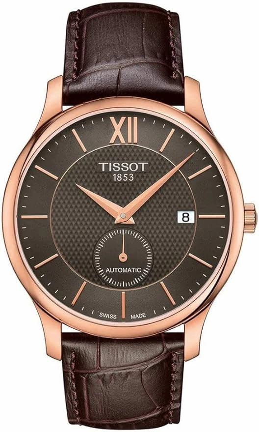 Tissot Mens Tradition Automatic Small Second 316L Stainless Steel case with Rose Gold PVD Coating Automatic Watch, Brown, Leather