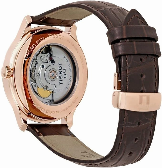 Tissot Mens Tradition Automatic Small Second 316L Stainless Steel case with Rose Gold PVD Coating Automatic Watch, Brown, Leather