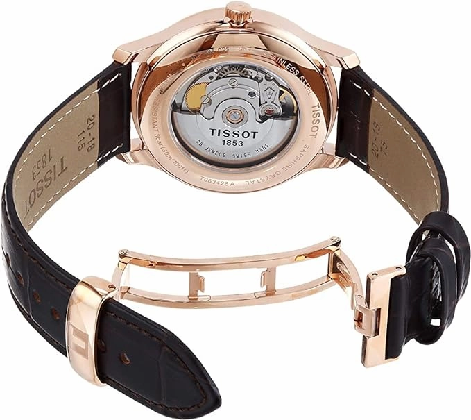 Tissot Mens Tradition Automatic Small Second 316L Stainless Steel case with Rose Gold PVD Coating Automatic Watch, Brown, Leather