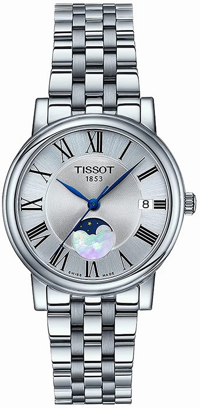 Tissot Women's Carson Moonphase 316L Stainless Steel case Swiss Quartz Watch Strap, Gray, 16 (Model: T1222231103300)