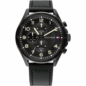 Tommy Hilfiger Men's Watch - Axel Dual Time Black Genuine Leather Strap | 1792004