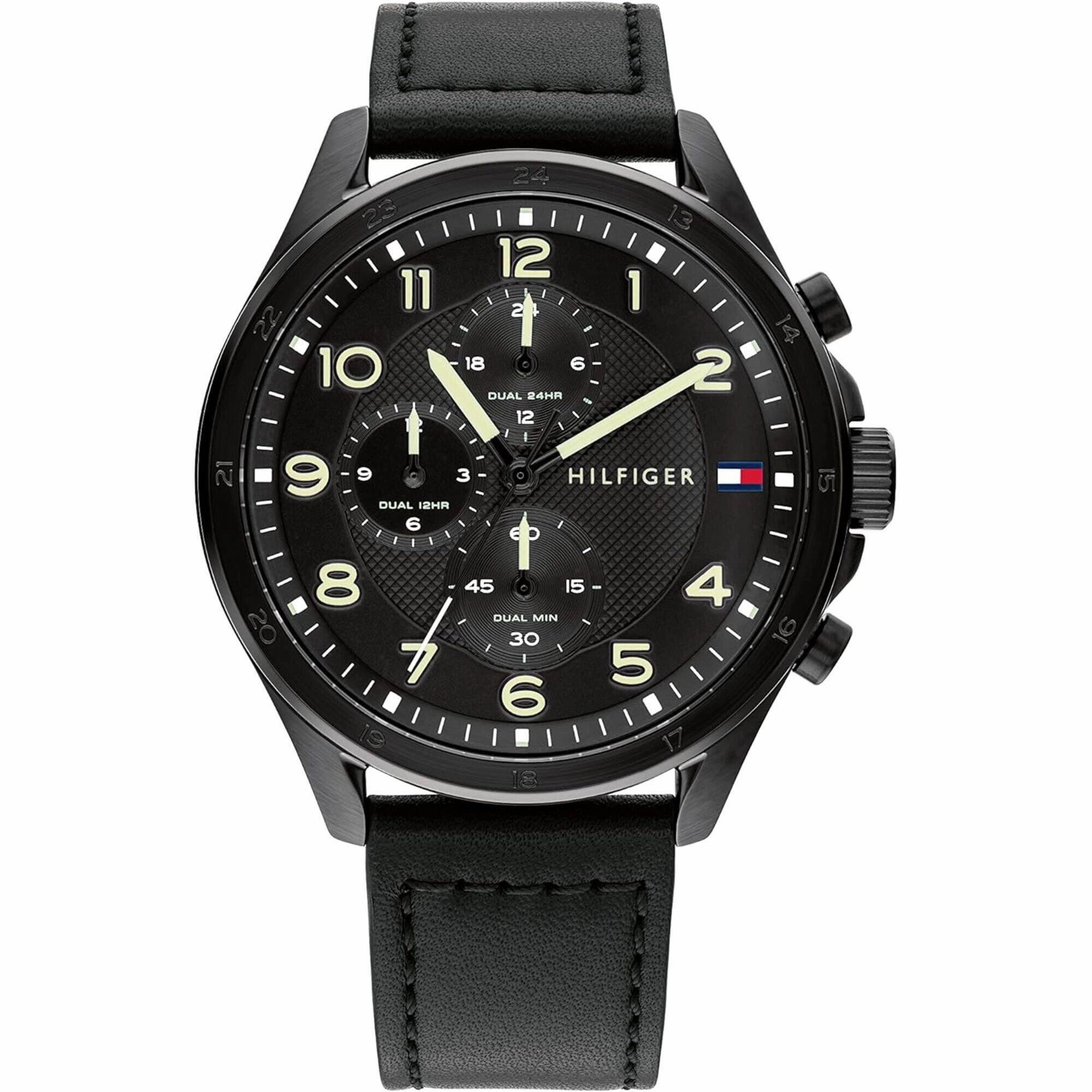 Tommy Hilfiger Men's Watch - Axel Dual Time Black Genuine Leather Strap | 1792004