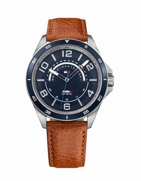 Tommy Hilfiger Mens Ian Watch - Navy Coated Stainless Steel -Brown Leather Strap