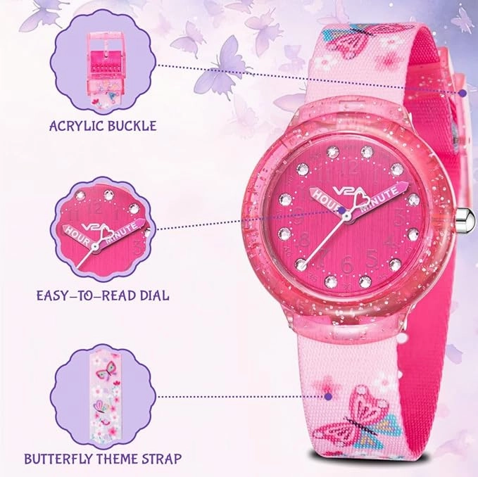 V2A Girls Analogue Watch ?Pink | Glitter Sparkle Case, Printed Strap, 30M Waterproof | Fun & Educational Time Learning Watch for Kids Ages 3-10 | Quartz Movement | Ideal Birthday or Return Gift