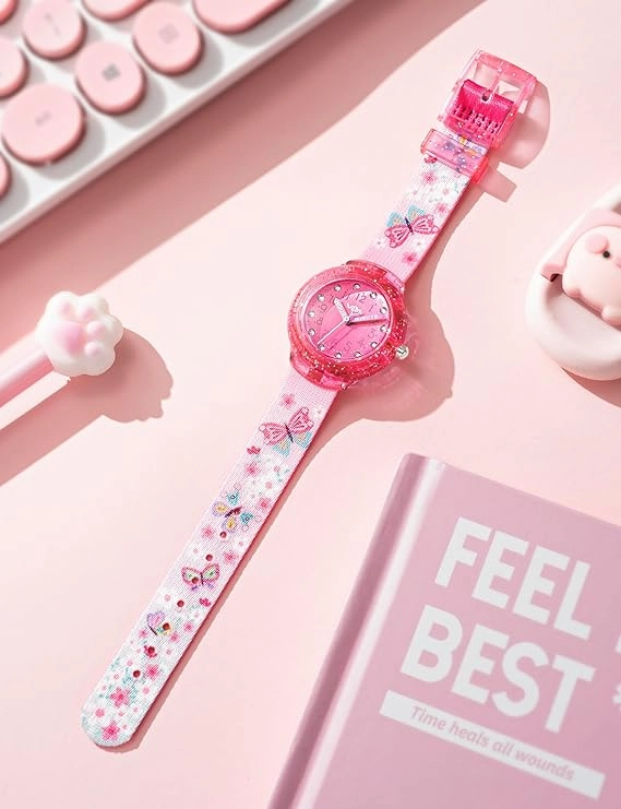 V2A Girls Analogue Watch ?Pink | Glitter Sparkle Case, Printed Strap, 30M Waterproof | Fun & Educational Time Learning Watch for Kids Ages 3-10 | Quartz Movement | Ideal Birthday or Return Gift