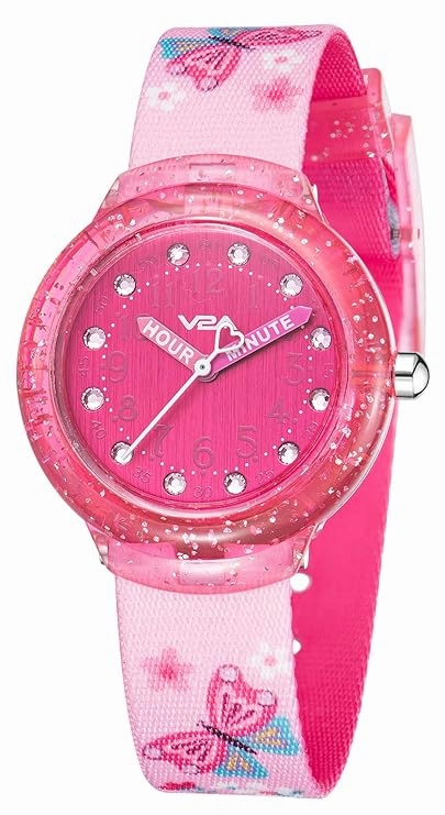 V2A Girls Analogue Watch ?Pink | Glitter Sparkle Case, Printed Strap, 30M Waterproof | Fun & Educational Time Learning Watch for Kids Ages 3-10 | Quartz Movement | Ideal Birthday or Return Gift