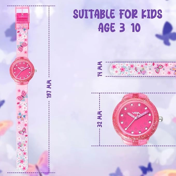V2A Girls Analogue Watch ?Pink | Glitter Sparkle Case, Printed Strap, 30M Waterproof | Fun & Educational Time Learning Watch for Kids Ages 3-10 | Quartz Movement | Ideal Birthday or Return Gift