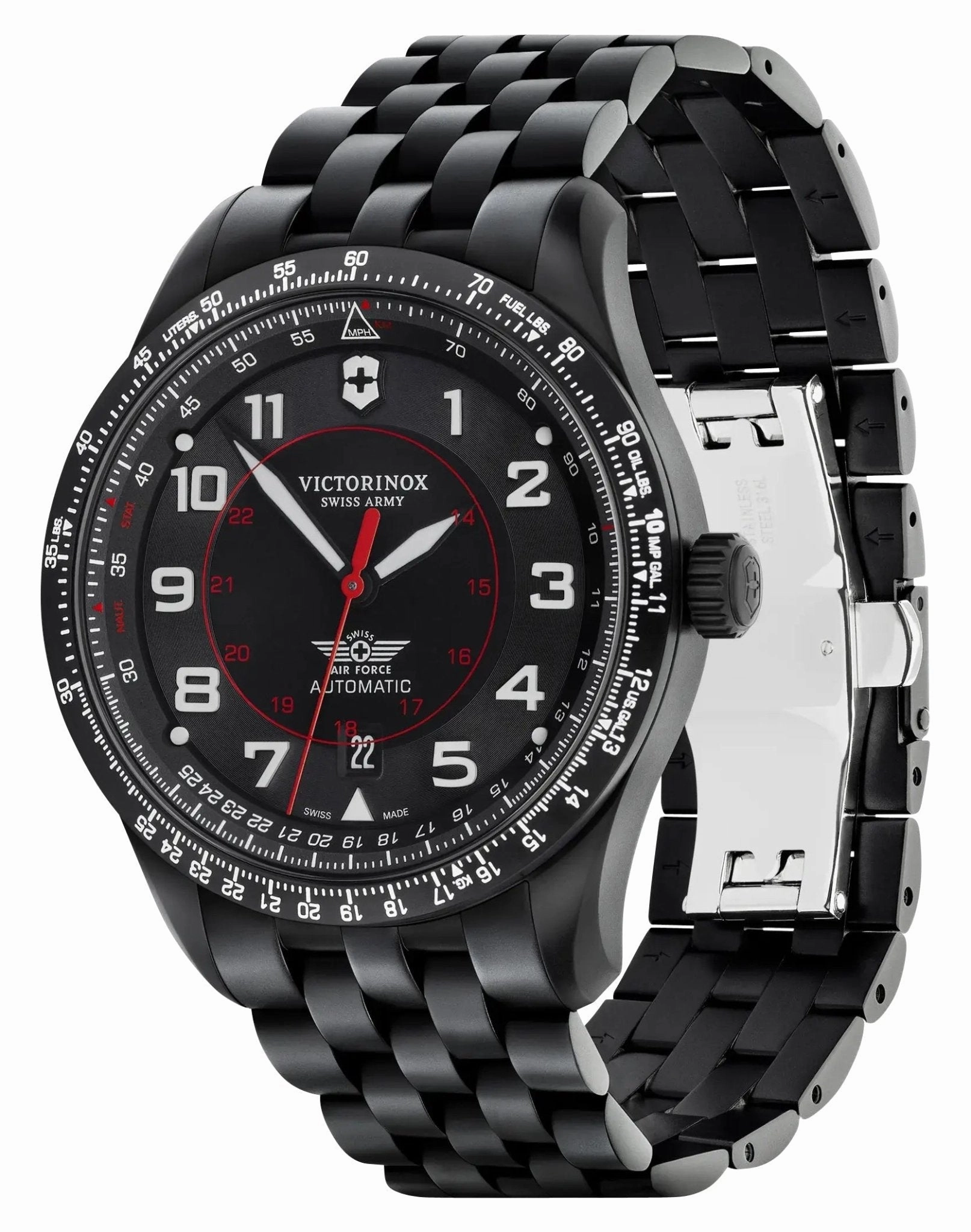 Victorinox Swiss Army Airboss Mechanical Automatic Black Stainless Steel Black Dial Date Mens Watch 241974