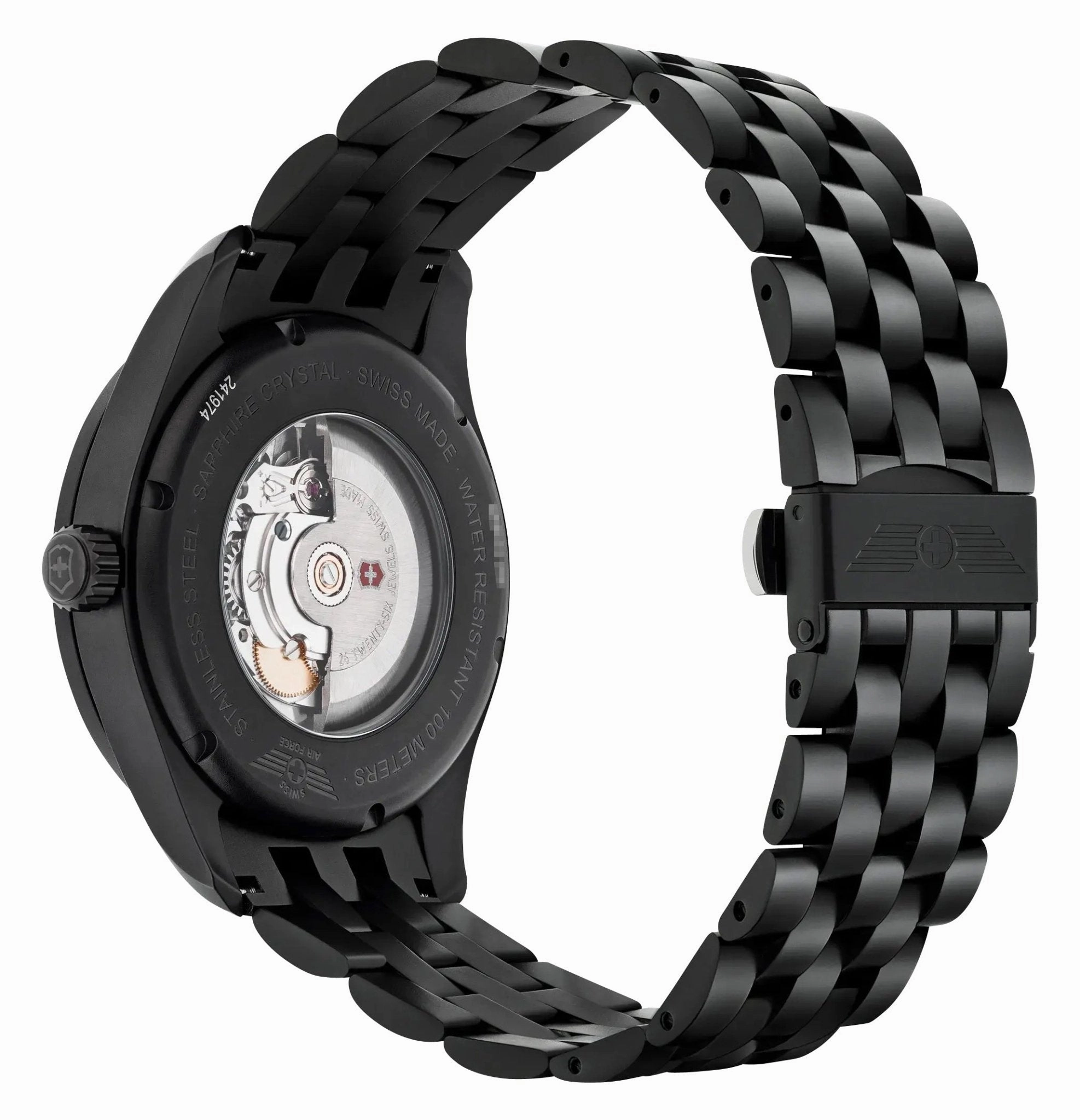 Victorinox Swiss Army Airboss Mechanical Automatic Black Stainless Steel Black Dial Date Mens Watch 241974