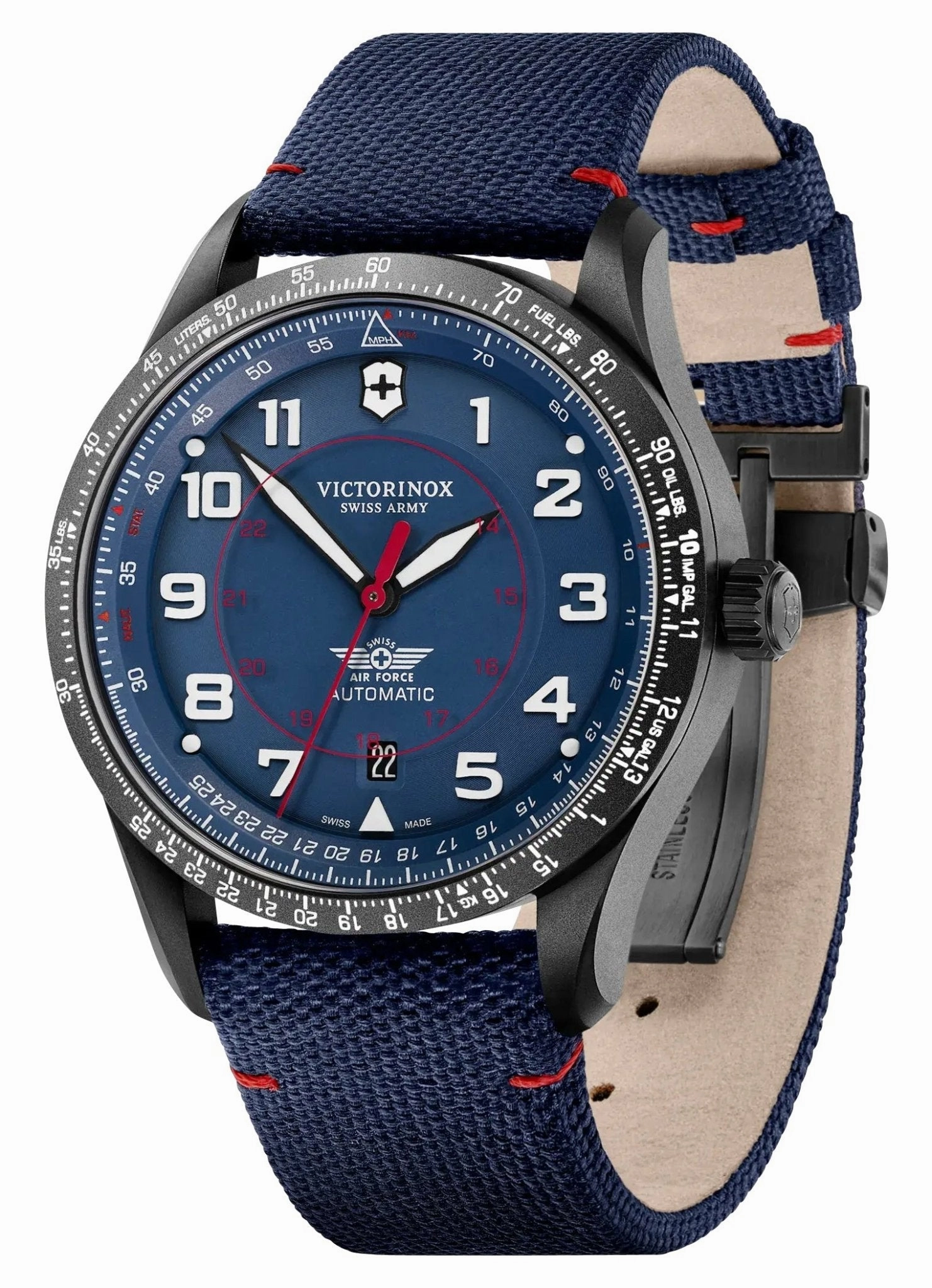 Victorinox Swiss Army Airboss Mechanical Automatic Black Stainless Steel Blue Dial Blue Fabric Strap Date Mens Watch 241998